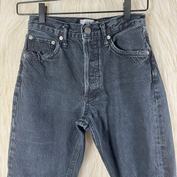 Agolde Womens Jamie High Rise Classic Jeans Black Whiskered Buttonfly Raw Hem 24 - Picture 2 of 10